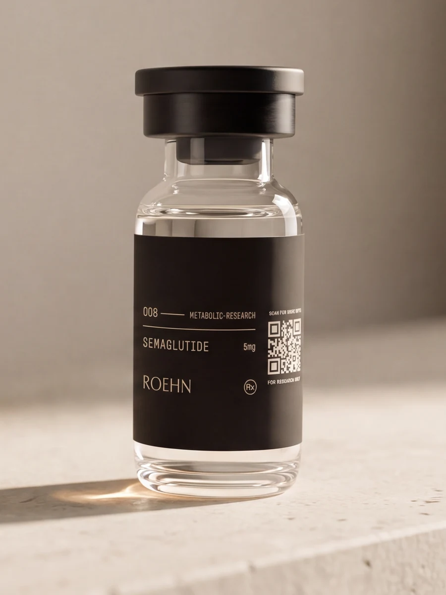 ROEHN semaglutide vial on stone, long shadow cast across the surface