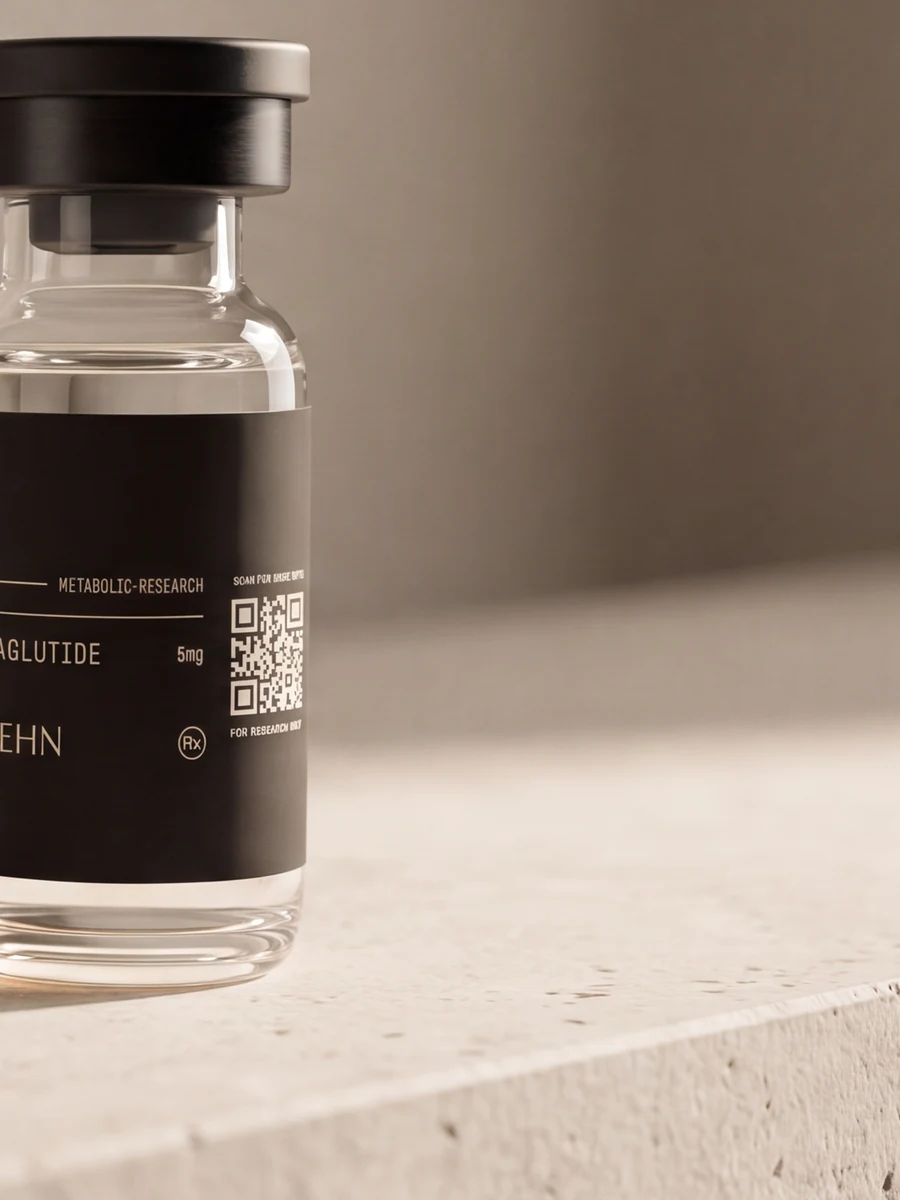 ROEHN semaglutide vial on a stone ledge in raking daylight