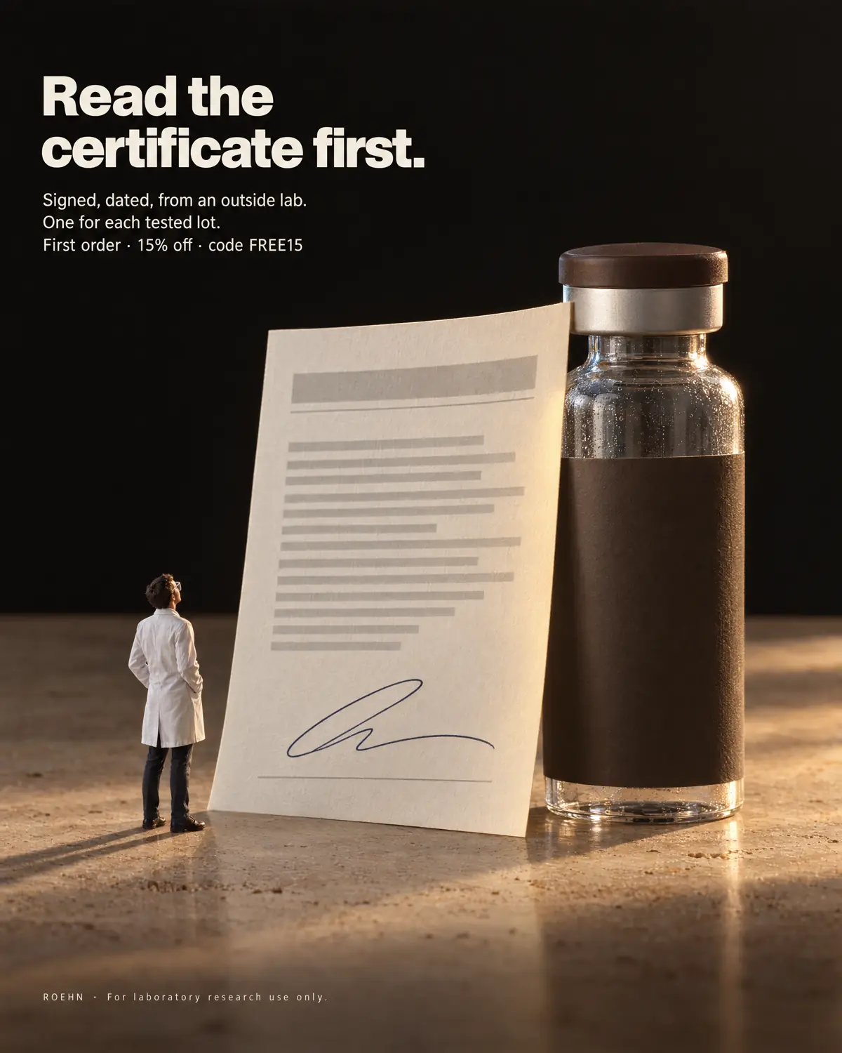 A small figure in a lab coat reads a signed certificate leaning against an unlabelled vial. Text: Read the certificate first. Signed, dated, from an outside lab. One for each tested lot. First order, 15% off, code FREE15.