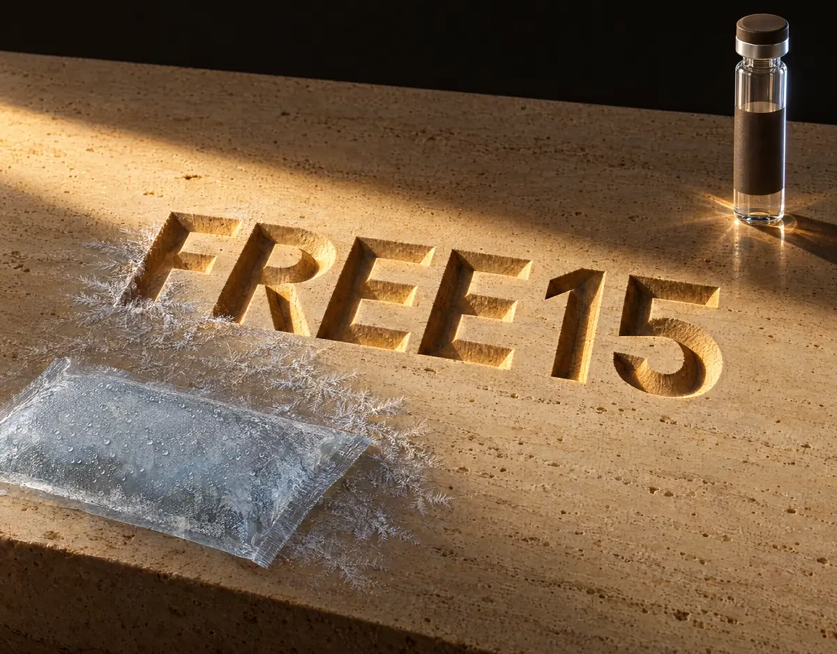The code FREE15 carved into a travertine bench in low sunlight, a frosted cold pack beside it and an unlabelled vial at the far end.